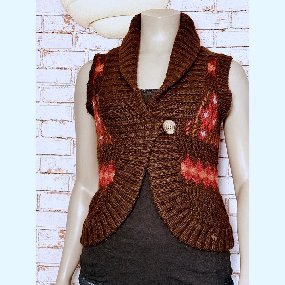 Abercrombie & Fitch Y2K Argyle Fair Isle Knit Sweater Vest Shawl Collar S Preppy